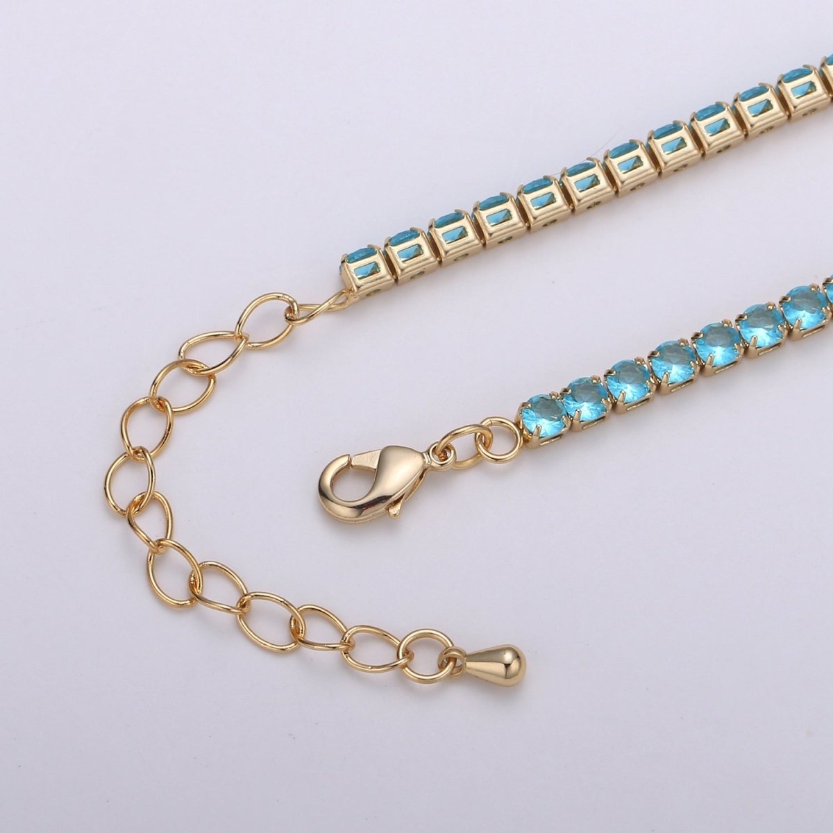 24K Gold Filled CZ Tennis Choker - 14.6 Inches - 2 inch Extender - 3mm In Width in Pink or Blue