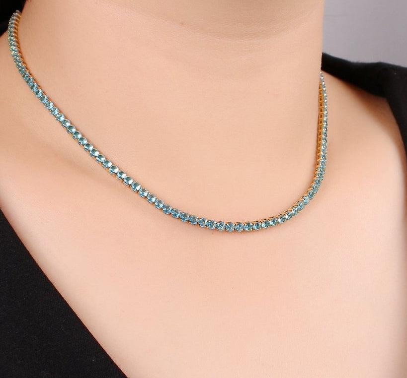 24K Gold Filled CZ Tennis Choker - 14.6 Inches - 2 inch Extender - 3mm In Width in Pink or Blue
