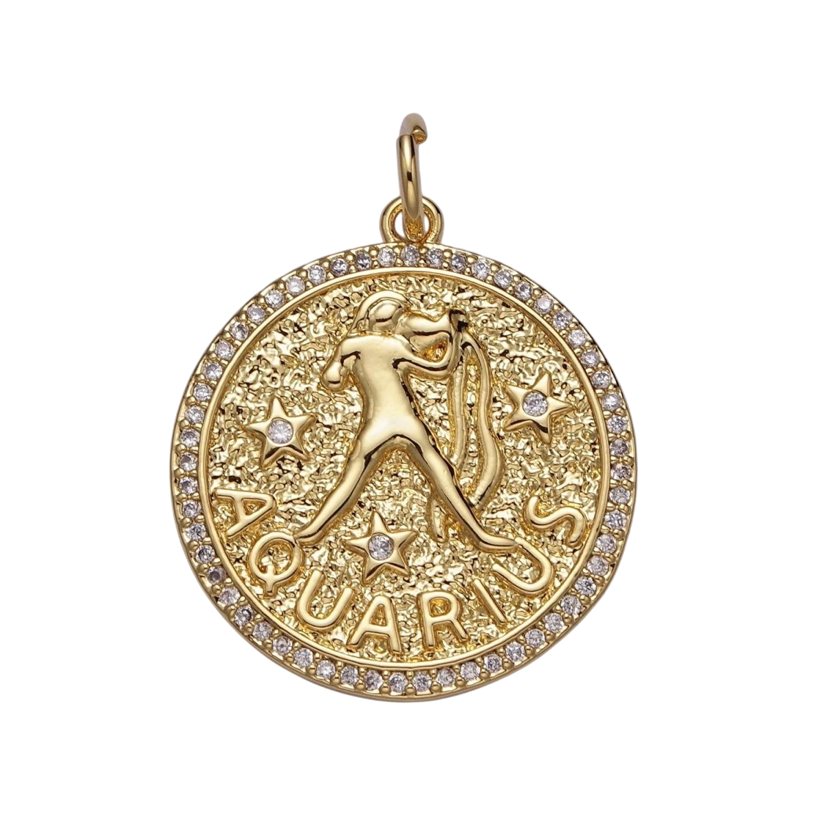 24K Gold Filled 29mm Zodiac Birth Star Hammered Round Micro Pave CZ Charm