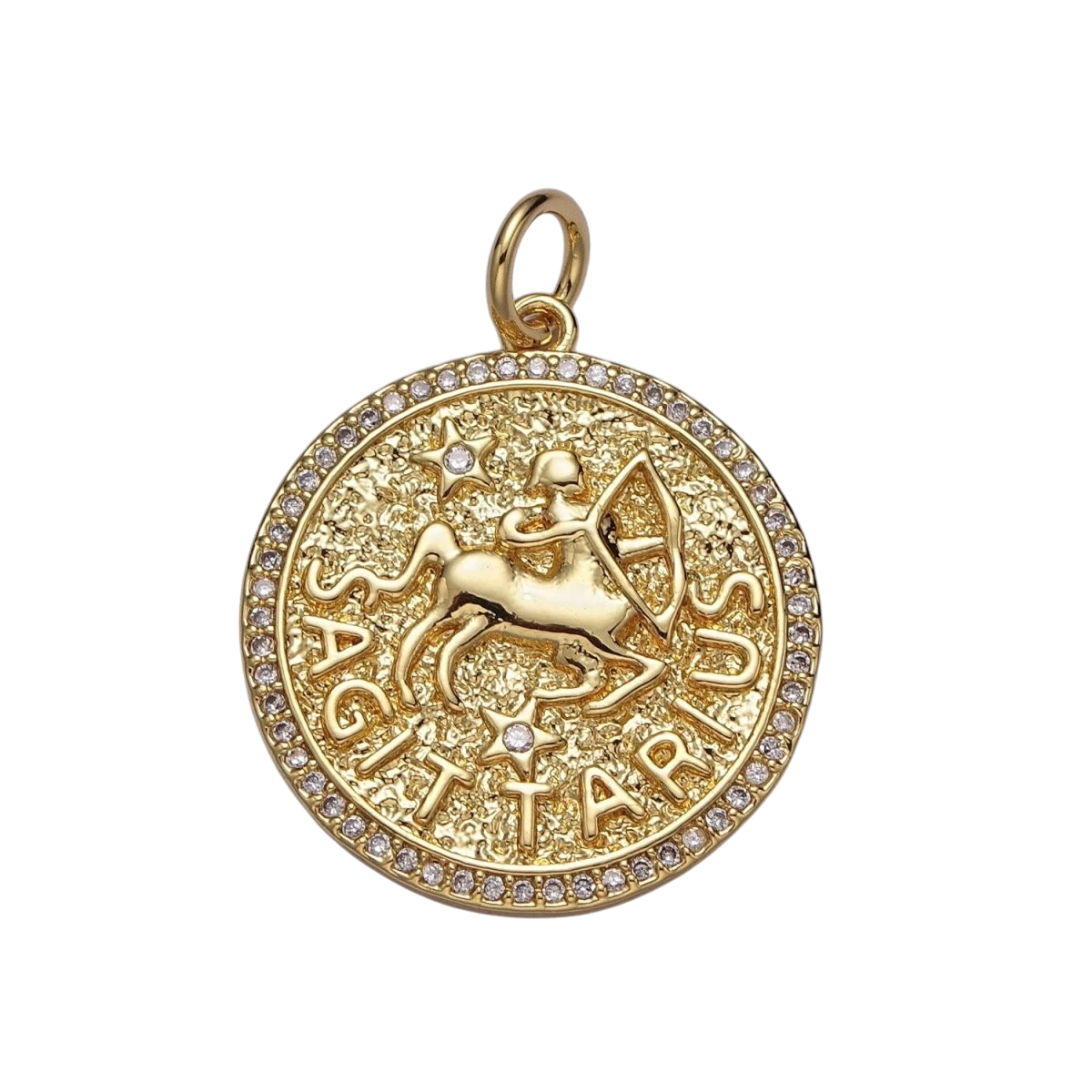 24K Gold Filled 29mm Zodiac Birth Star Hammered Round Micro Pave CZ Charm