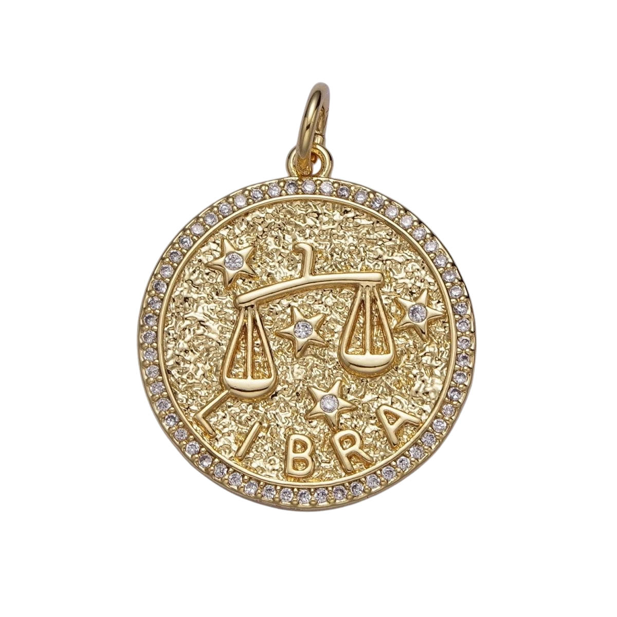 24K Gold Filled 29mm Zodiac Birth Star Hammered Round Micro Pave CZ Charm