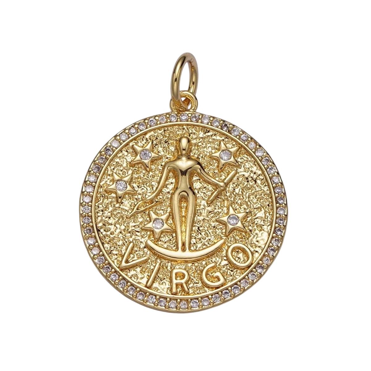 24K Gold Filled 29mm Zodiac Birth Star Hammered Round Micro Pave CZ Charm