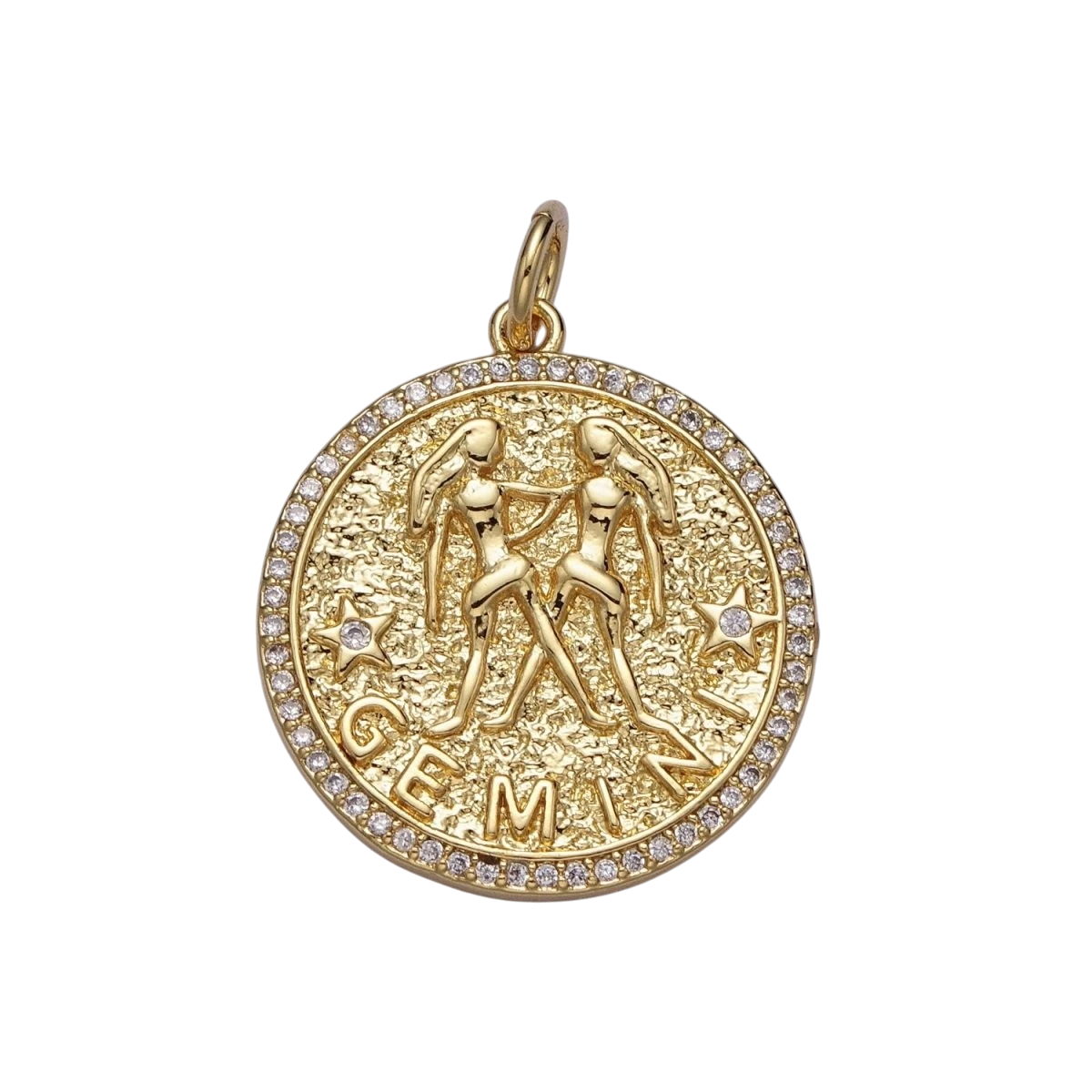 24K Gold Filled 29mm Zodiac Birth Star Hammered Round Micro Pave CZ Charm
