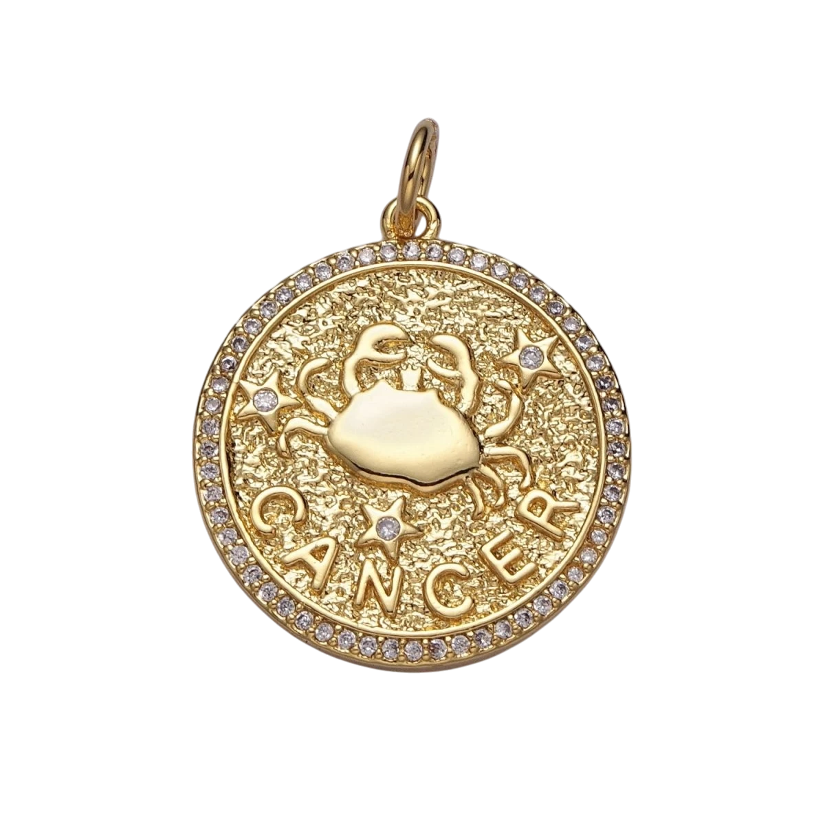 24K Gold Filled 29mm Zodiac Birth Star Hammered Round Micro Pave CZ Charm