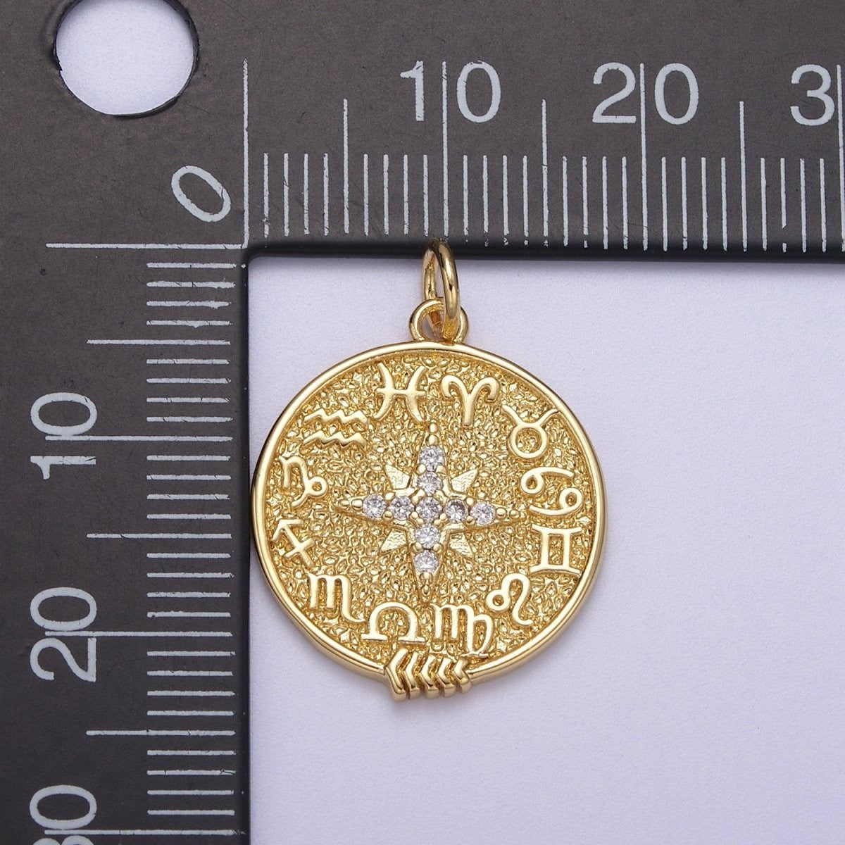24K Gold Filled CZ North Star Sign Zodiac Horoscope Round Charm