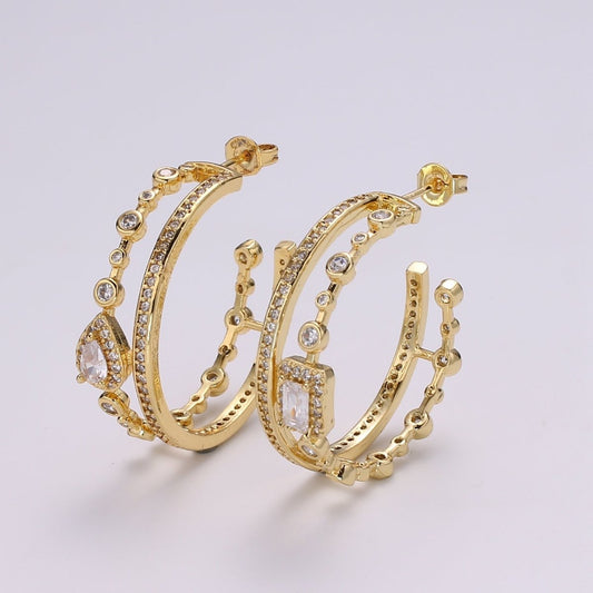 Trendy 24K Gold Filled Hoop Earring - Mismatched Hoop Earring - Geometric CZ hoop earrings gift idea