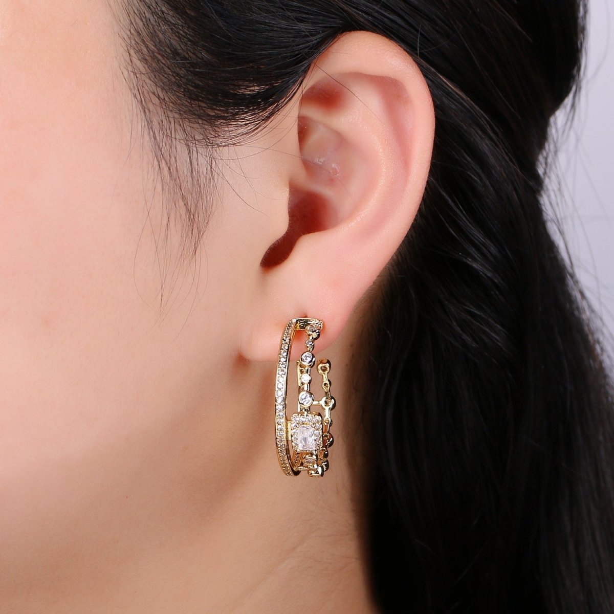 Trendy 24K Gold Filled Hoop Earring - Mismatched Hoop Earring - Geometric CZ hoop earrings gift idea