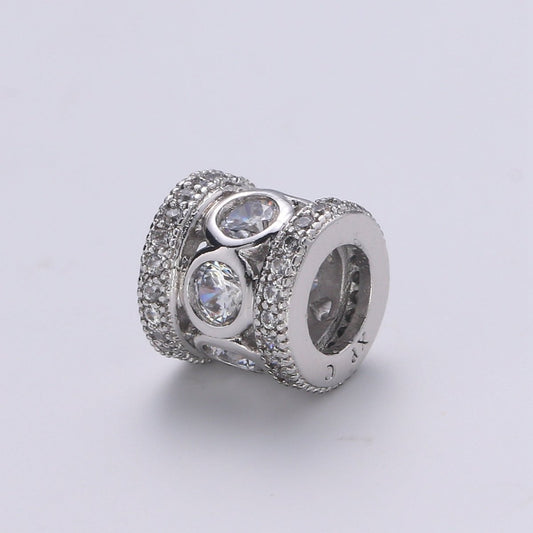 White Gold-Filled 8mm Micro Pave Spacer Beads Drum Tube Gold Beads with CZ Paved 4mm Large Hole Gold Spacer