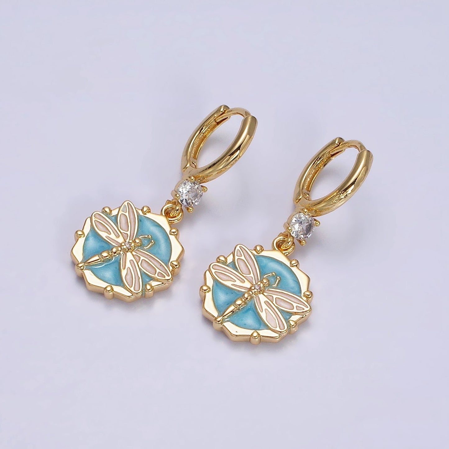 16K Gold Filled Pink, White, Blue Sparkly Enamel Dragonfly Hexagonal CZ Drop Huggie Earrings