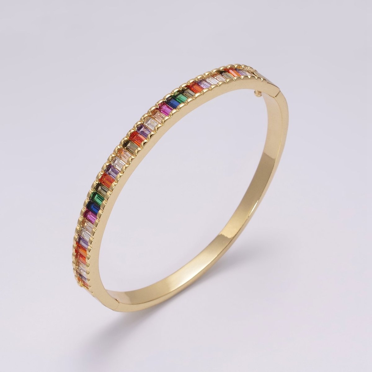 Baguette Bangle Rainbow CZ Gem Stackable Gold Bracelet | Chunky Gold Bracelet | Luxury Stacking Bracelet