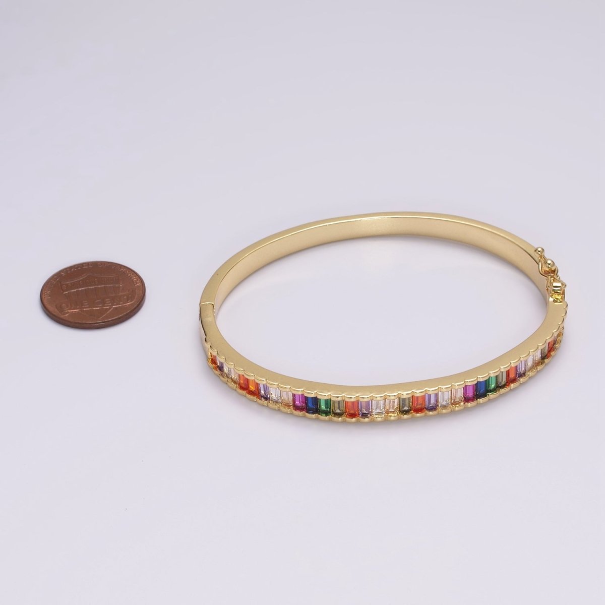 Baguette Bangle Rainbow CZ Gem Stackable Gold Bracelet | Chunky Gold Bracelet | Luxury Stacking Bracelet