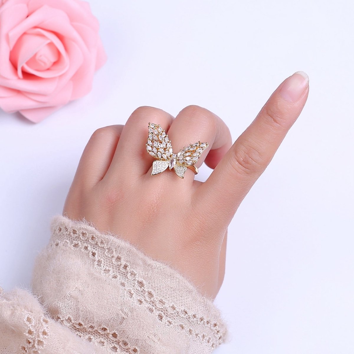 Big CZ Butterfly Ring | Adjustable Statement Ring in 14k Gold Filled