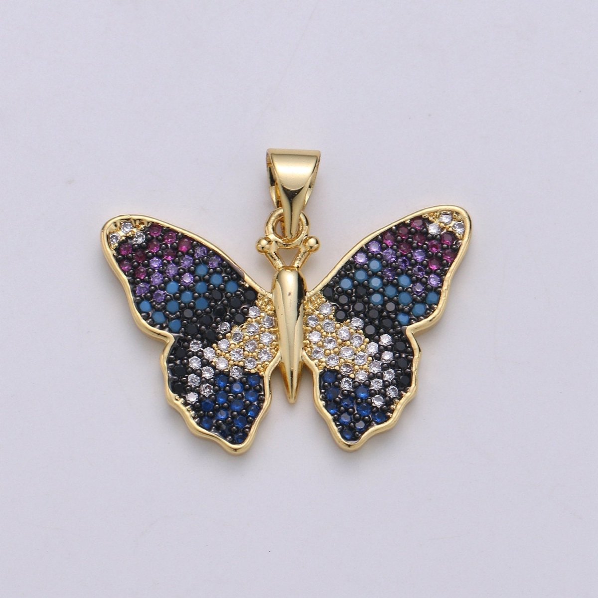 Gorgeous 22m x 25mm Blue Black Purple Gradation Butterfly Micro Pave 24K Gold-Filled Pendant, Cubic Zirconia Butterfly Pendant
