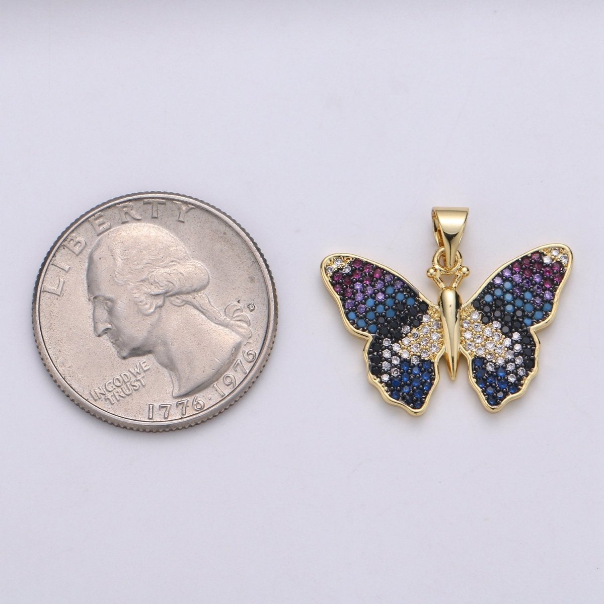 Gorgeous 22m x 25mm Blue Black Purple Gradation Butterfly Micro Pave 24K Gold-Filled Pendant, Cubic Zirconia Butterfly Pendant