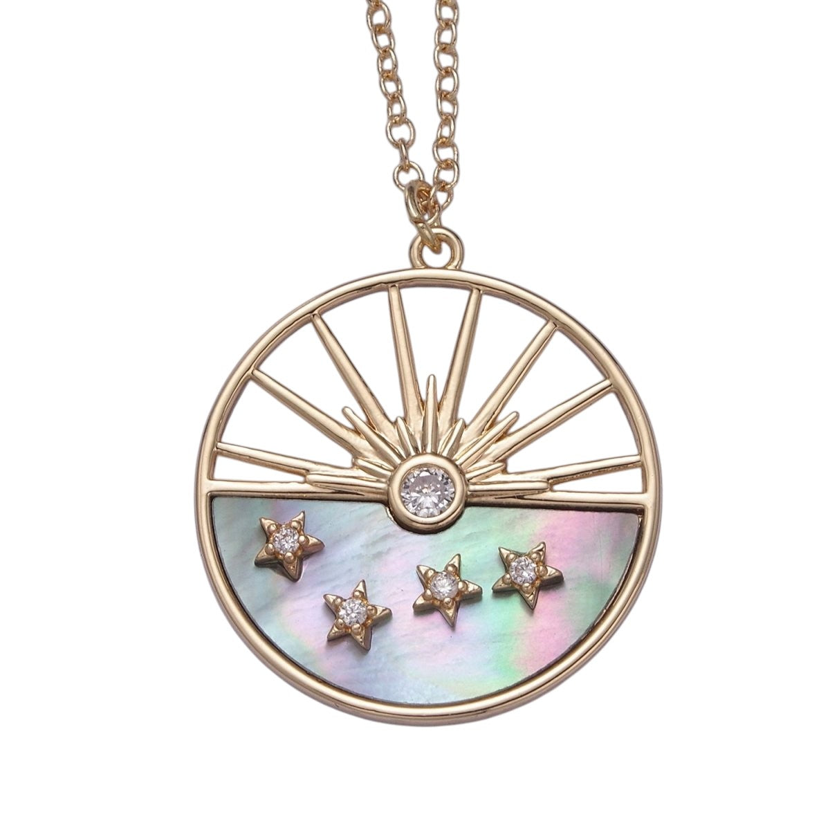 Celestial Sun Star CZ Abalone 16 Inch Cable Chain Necklace w. 2 Inch Extender