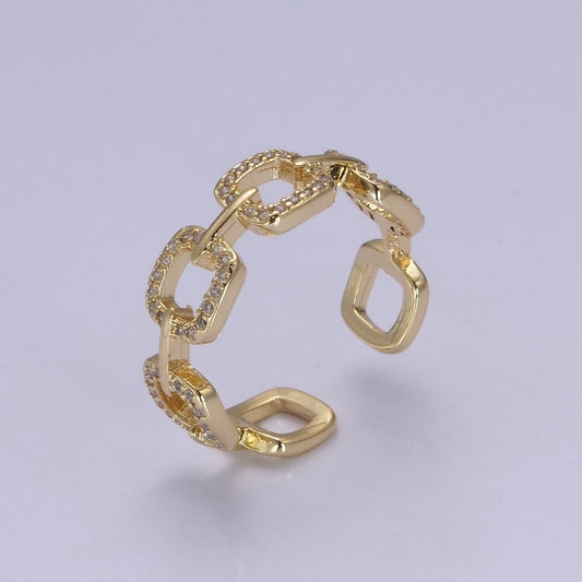 Trendy Chain Link CZ Cystal Pave Ring Iced-out Chain Link Ring 14K Gold-Filled Stackable Open Ring