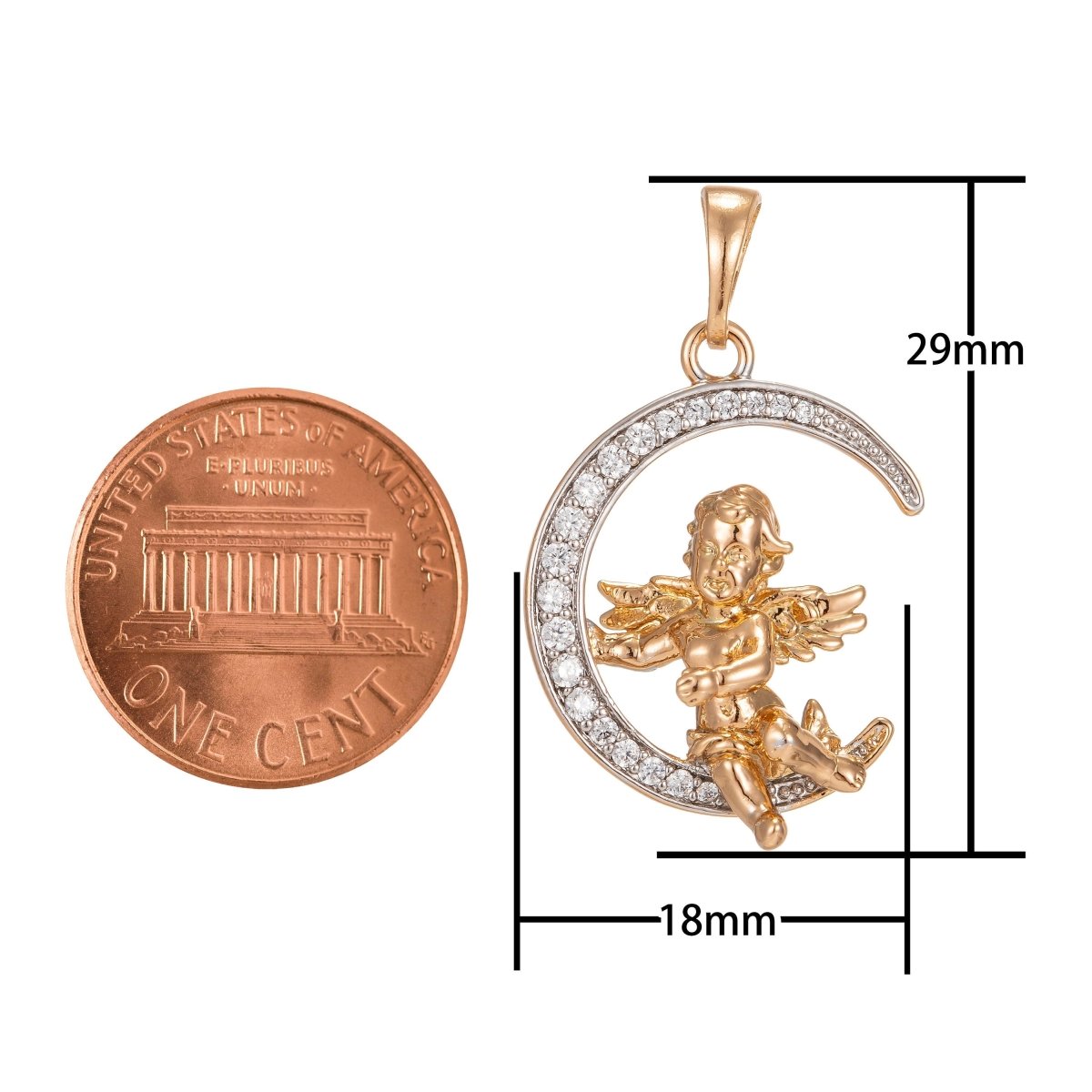 Cherub in the Moon 29mm Pendant Micro Pave CZ Gold Moon Charm Pendant 18k Gold-Filled Cherub Baby Angel