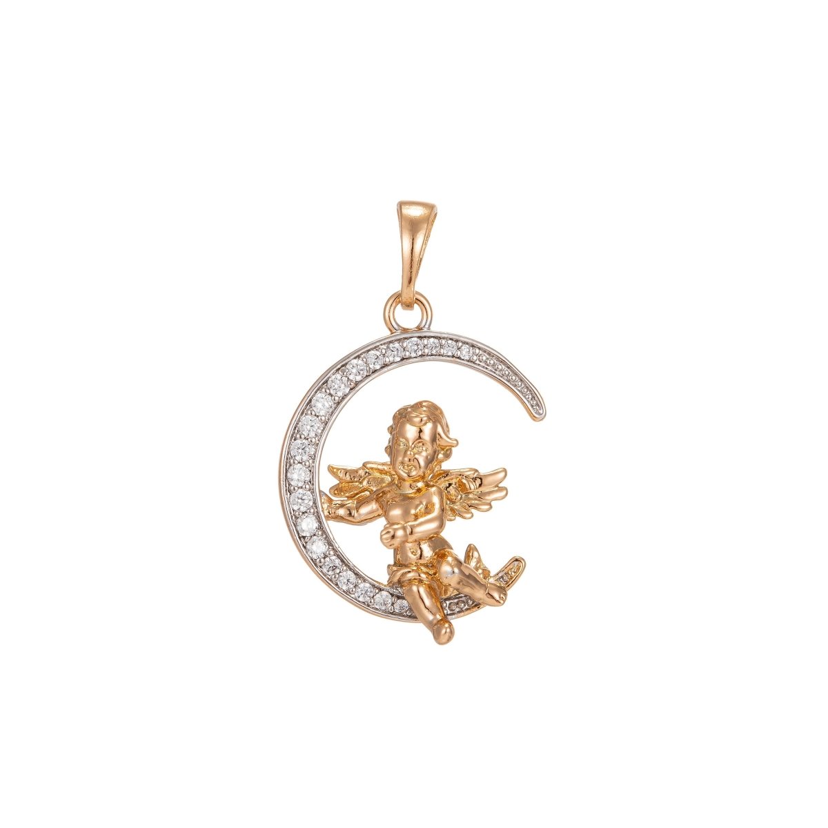 Cherub in the Moon 29mm Pendant Micro Pave CZ Gold Moon Charm Pendant 18k Gold-Filled Cherub Baby Angel