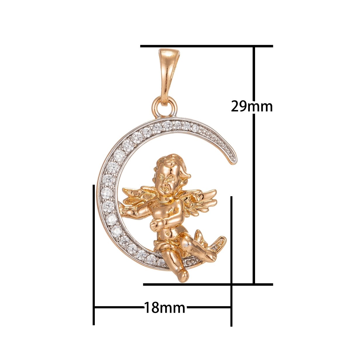 Cherub in the Moon 29mm Pendant Micro Pave CZ Gold Moon Charm Pendant 18k Gold-Filled Cherub Baby Angel