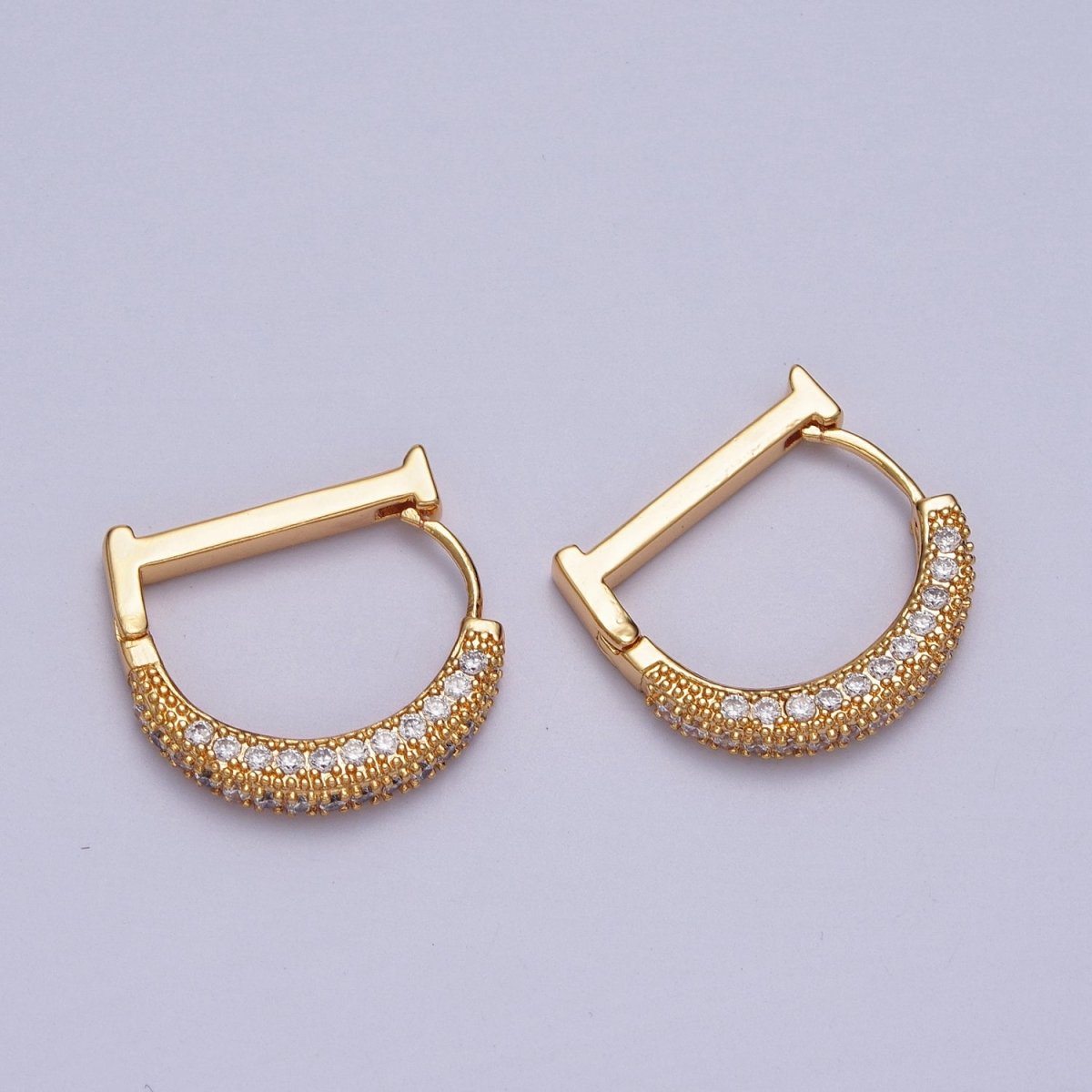 Clear CZ Micro Pave Geometric D-Shaped Gold Huggie Earrings