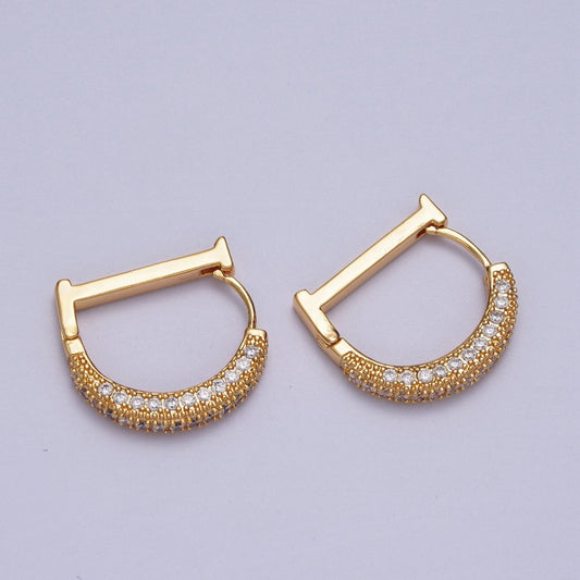 Clear CZ Micro Pave Geometric D-Shaped Gold Huggie Earrings