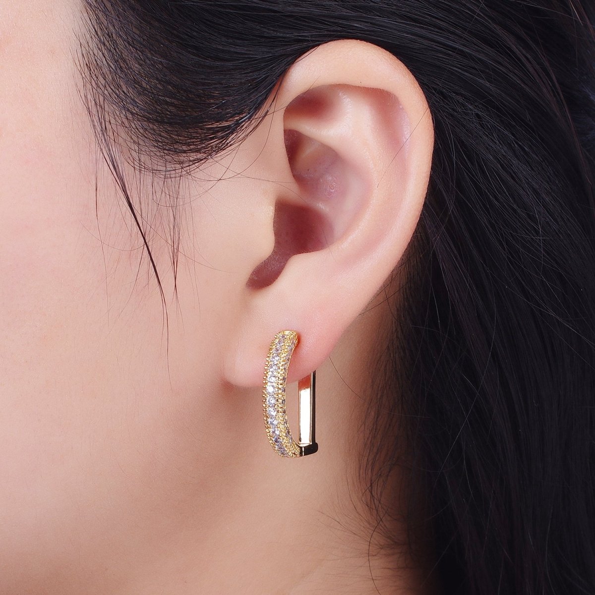 Clear CZ Micro Pave Geometric D-Shaped Gold Huggie Earrings