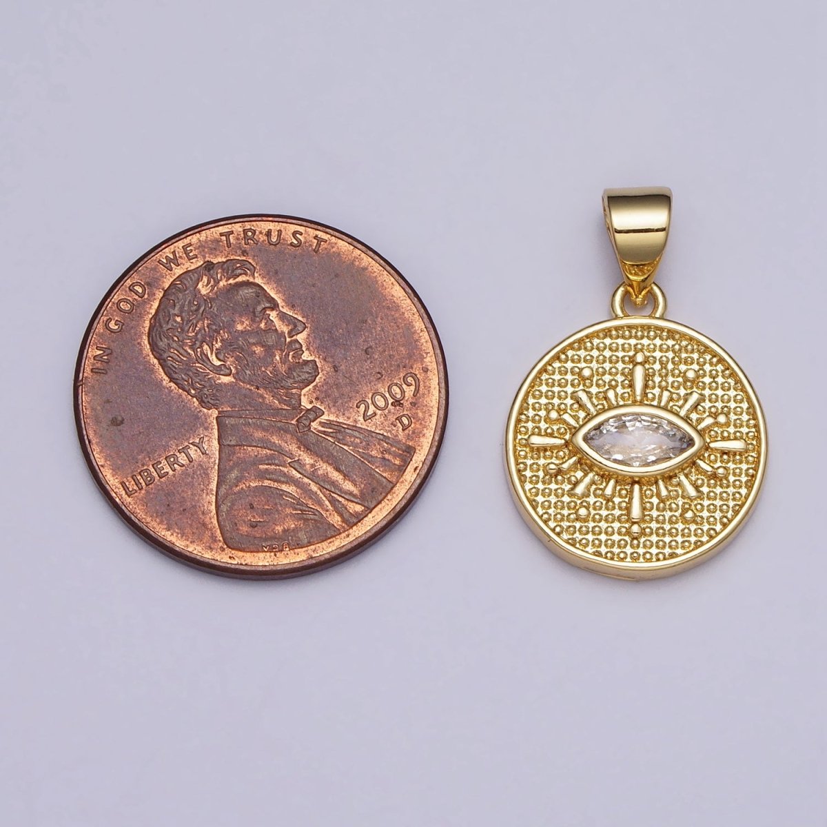 Clear 27mm Evil Eye CZ Beaded Round Celestial Coin Gold Pendant