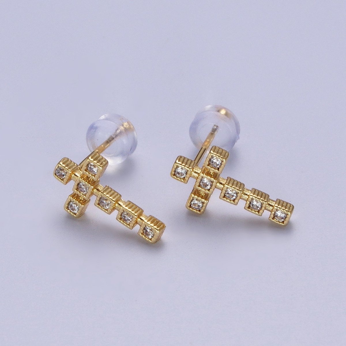 Minimalist Clear Green Fuchsia Cross Square Baguette Cubic Zirconia CZ Gold Religious Stud Earrings