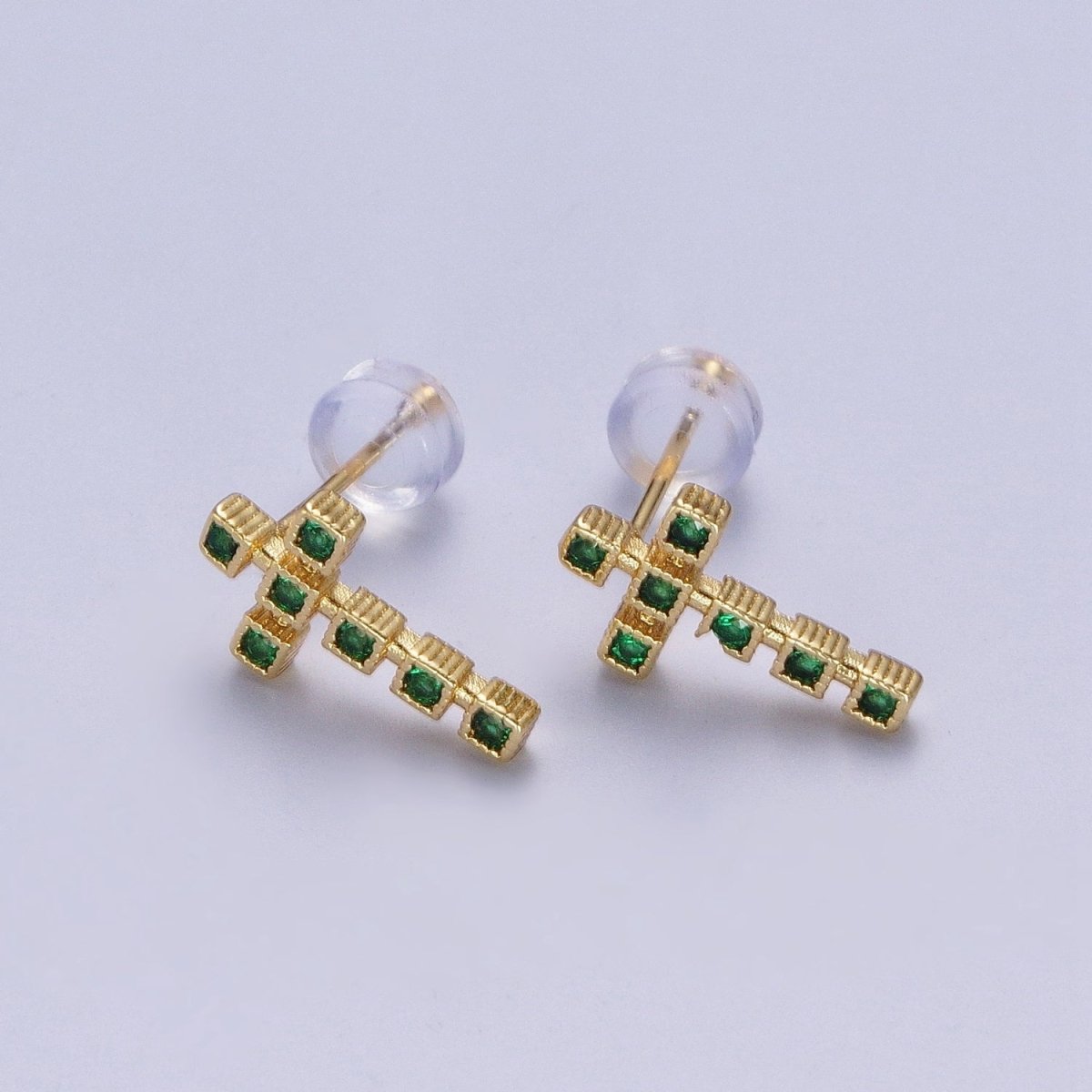 Minimalist Clear Green Fuchsia Cross Square Baguette Cubic Zirconia CZ Gold Religious Stud Earrings