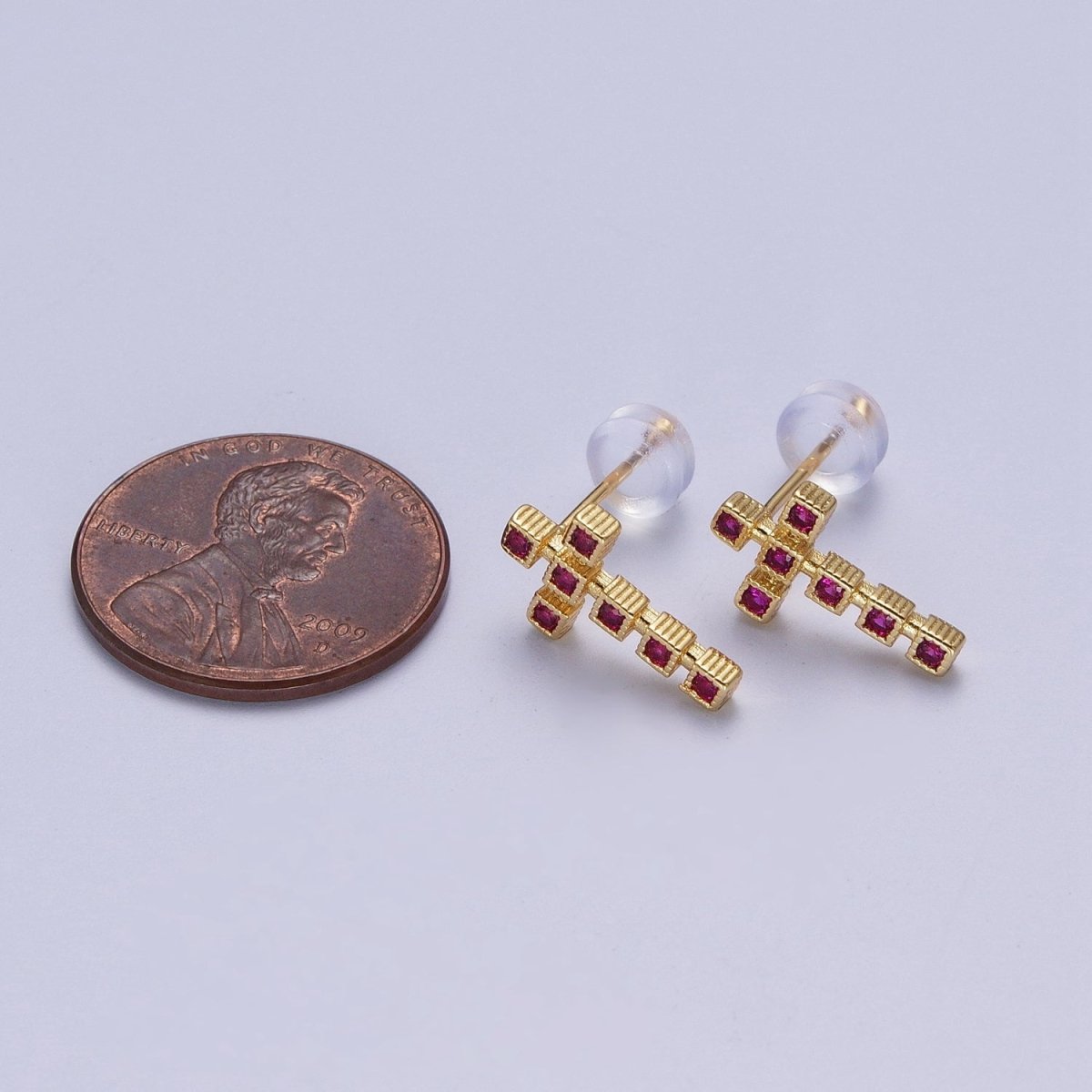 Minimalist Clear Green Fuchsia Cross Square Baguette Cubic Zirconia CZ Gold Religious Stud Earrings