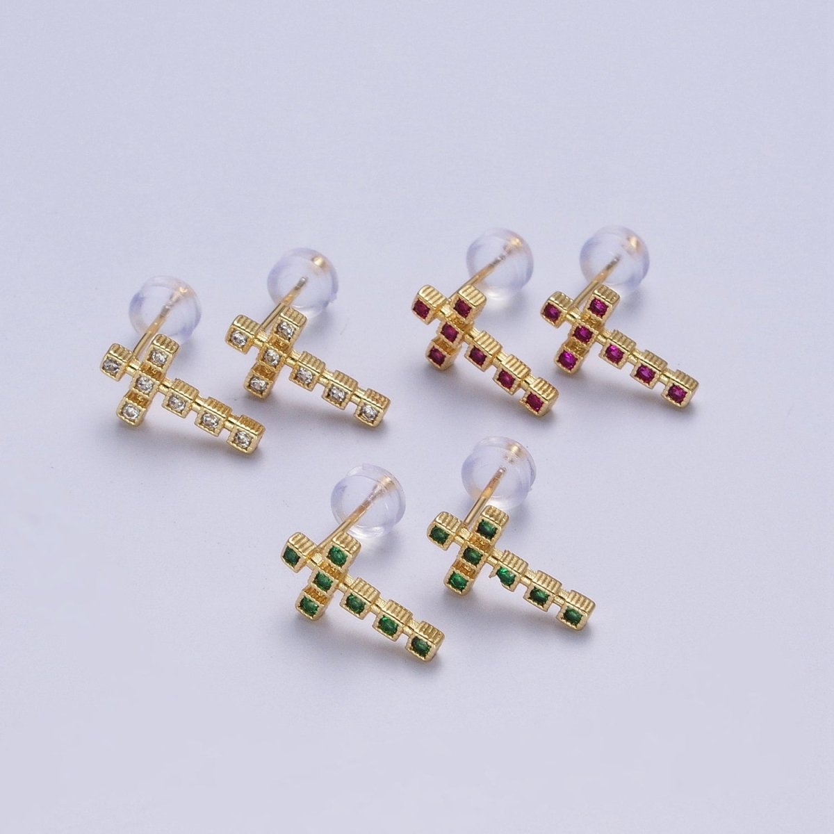 Minimalist Clear Green Fuchsia Cross Square Baguette Cubic Zirconia CZ Gold Religious Stud Earrings