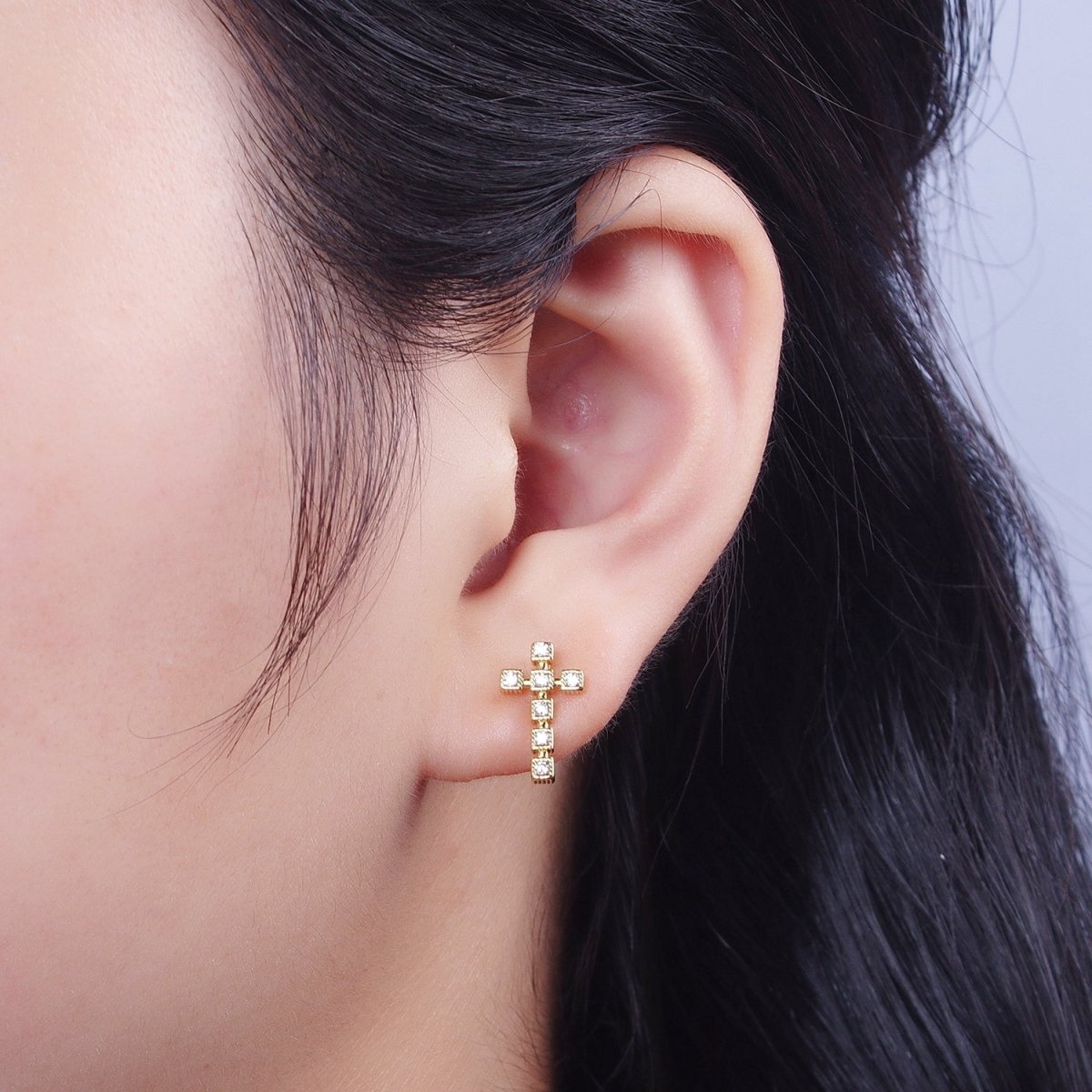 Minimalist Clear Green Fuchsia Cross Square Baguette Cubic Zirconia CZ Gold Religious Stud Earrings
