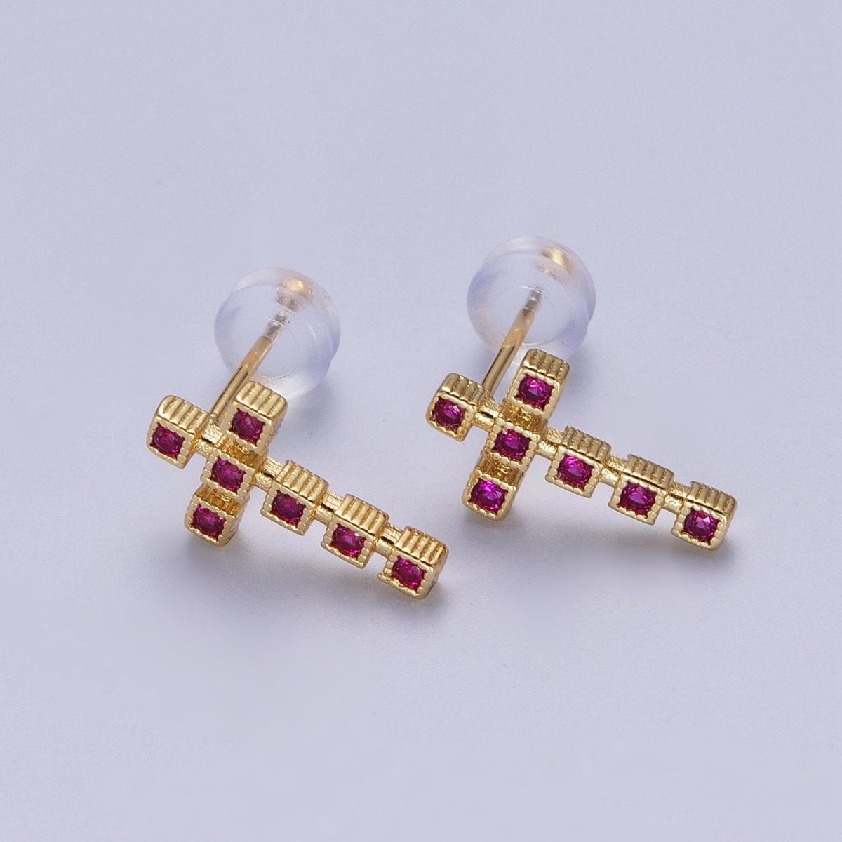Minimalist Clear Green Fuchsia Cross Square Baguette Cubic Zirconia CZ Gold Religious Stud Earrings