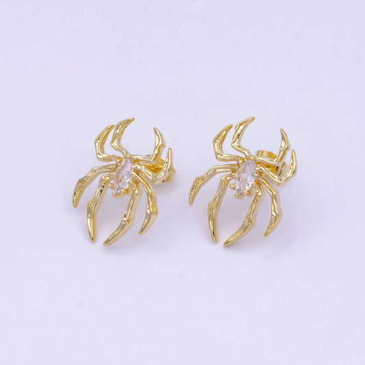 Clear Marquise Spider Black Widow Gold Studs Earrings