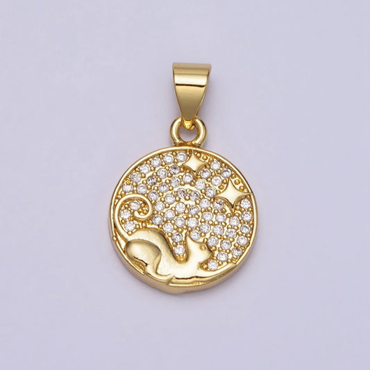 Clear 21mm Micro Pave CZ Curling Pet Cat Stars Gold Round Pendant