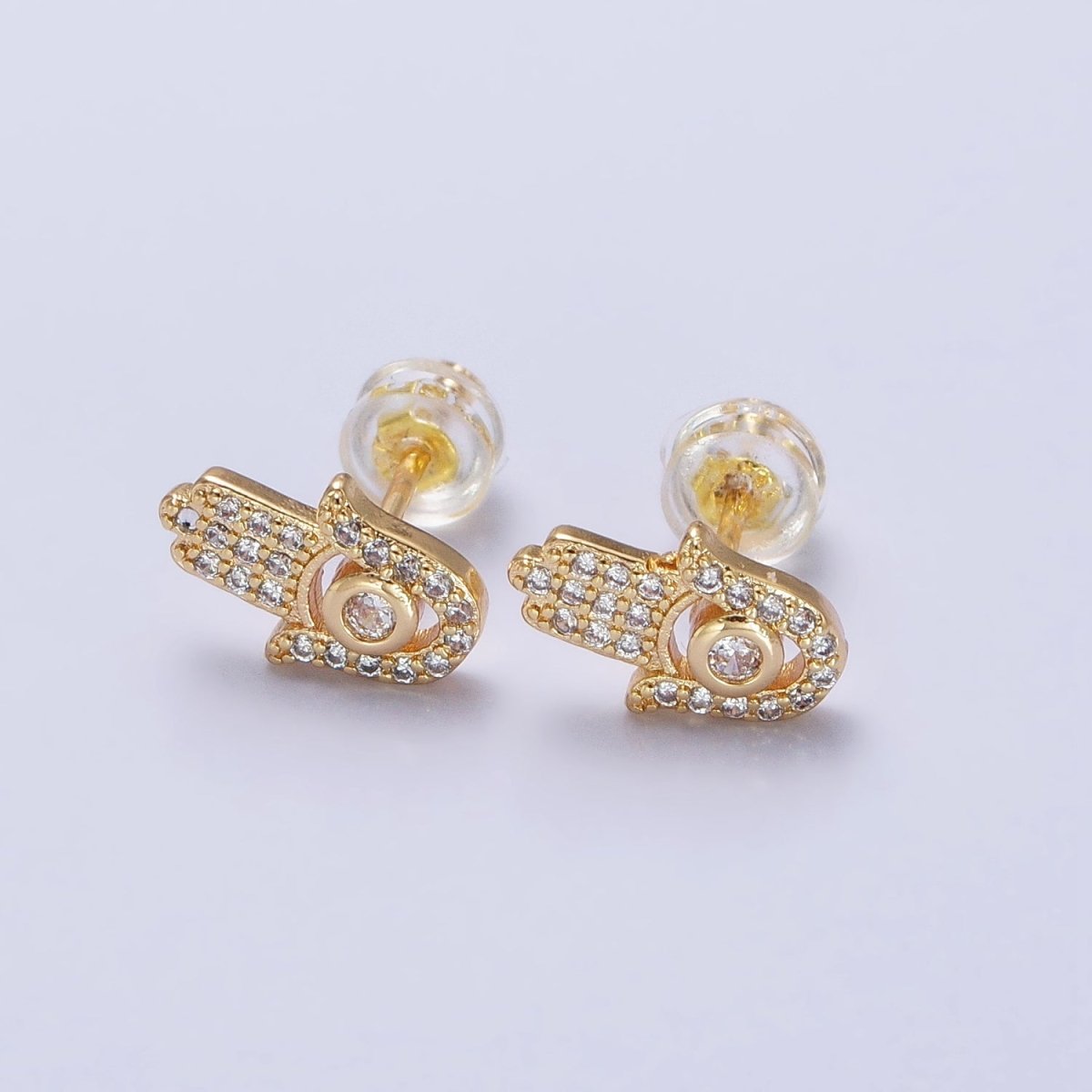 Clear Micro Pave CZ Hamsa Hand Evil Eye Mini Stud Earrings in Gold & Silver