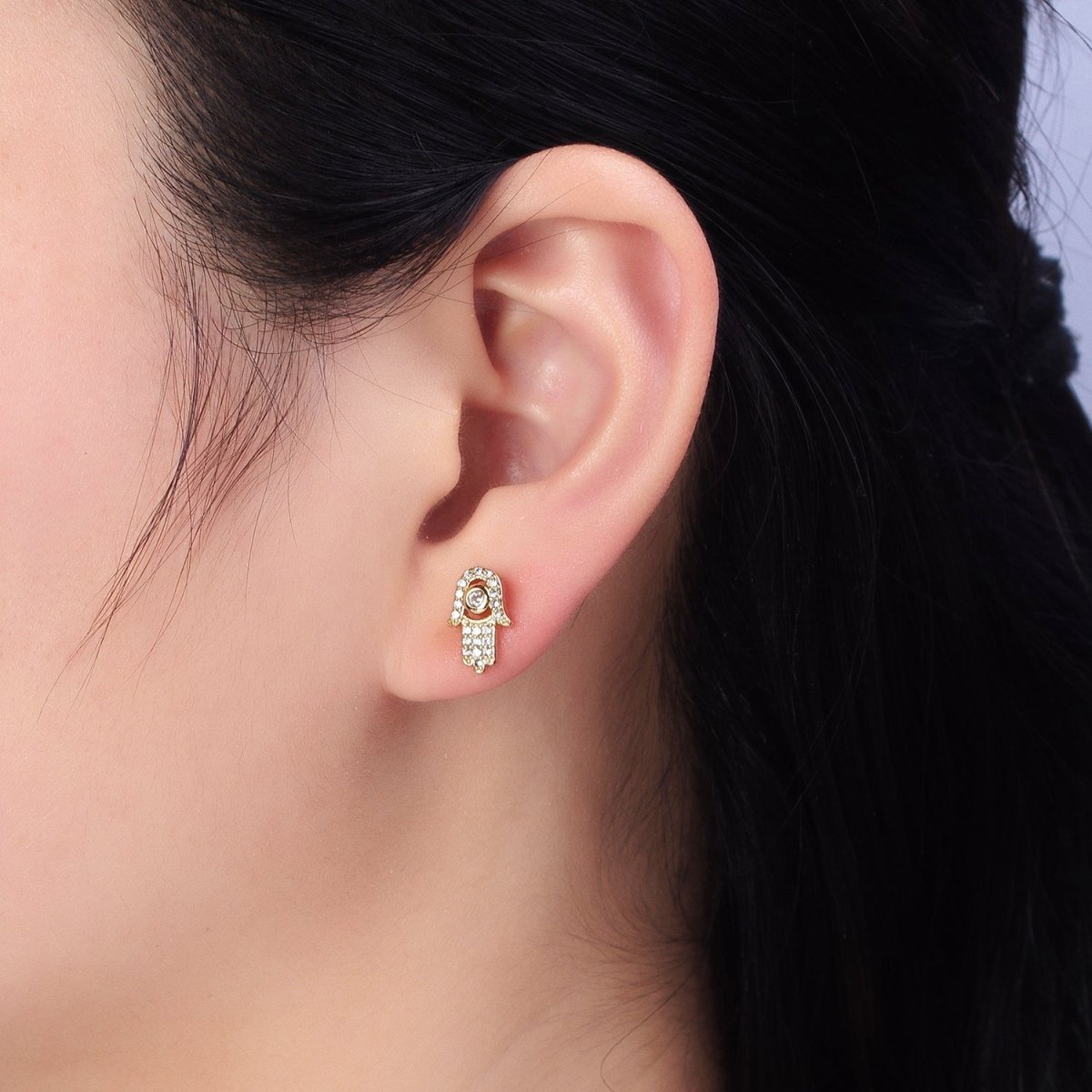 Clear Micro Pave CZ Hamsa Hand Evil Eye Mini Stud Earrings in Gold & Silver