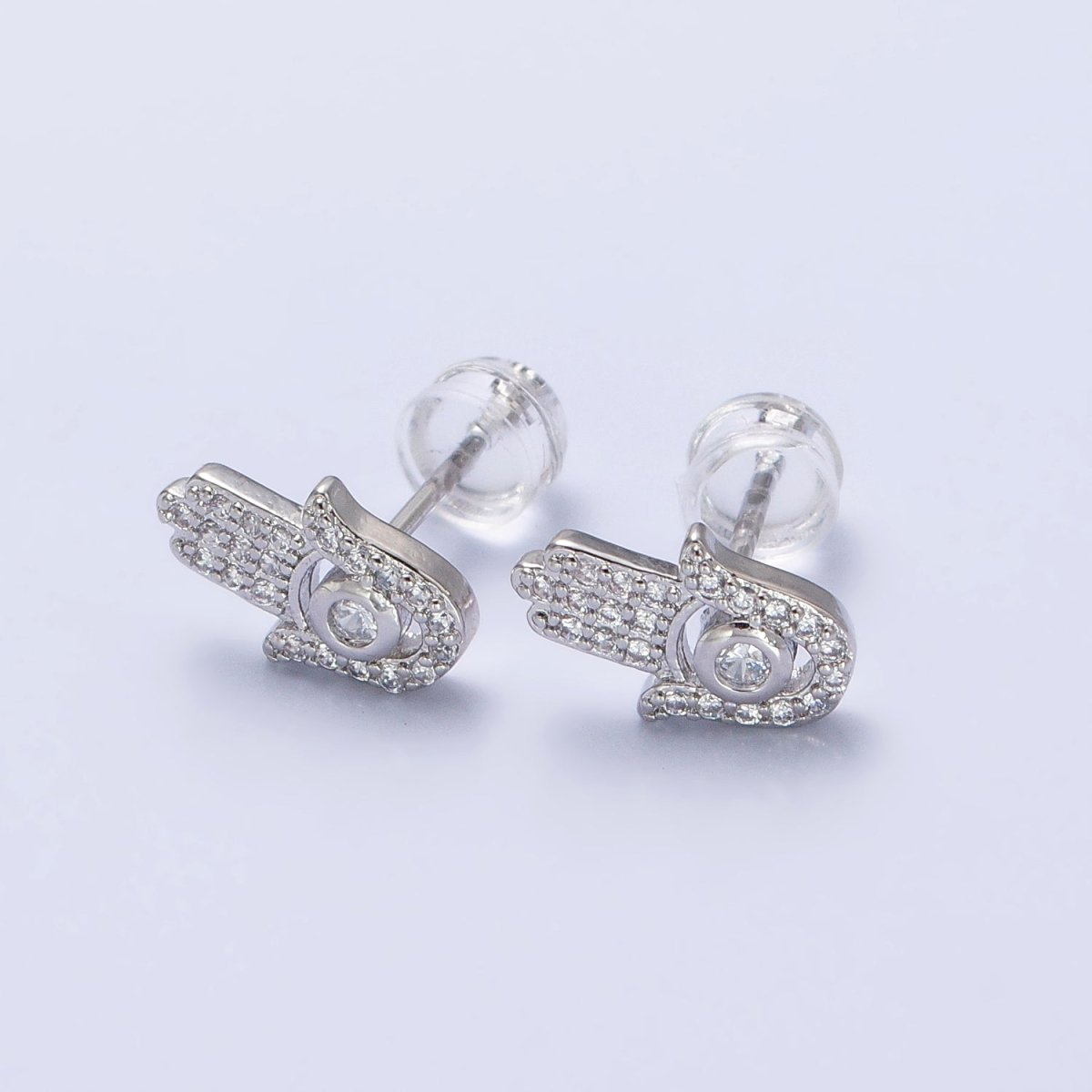 Clear Micro Pave CZ Hamsa Hand Evil Eye Mini Stud Earrings in Gold & Silver