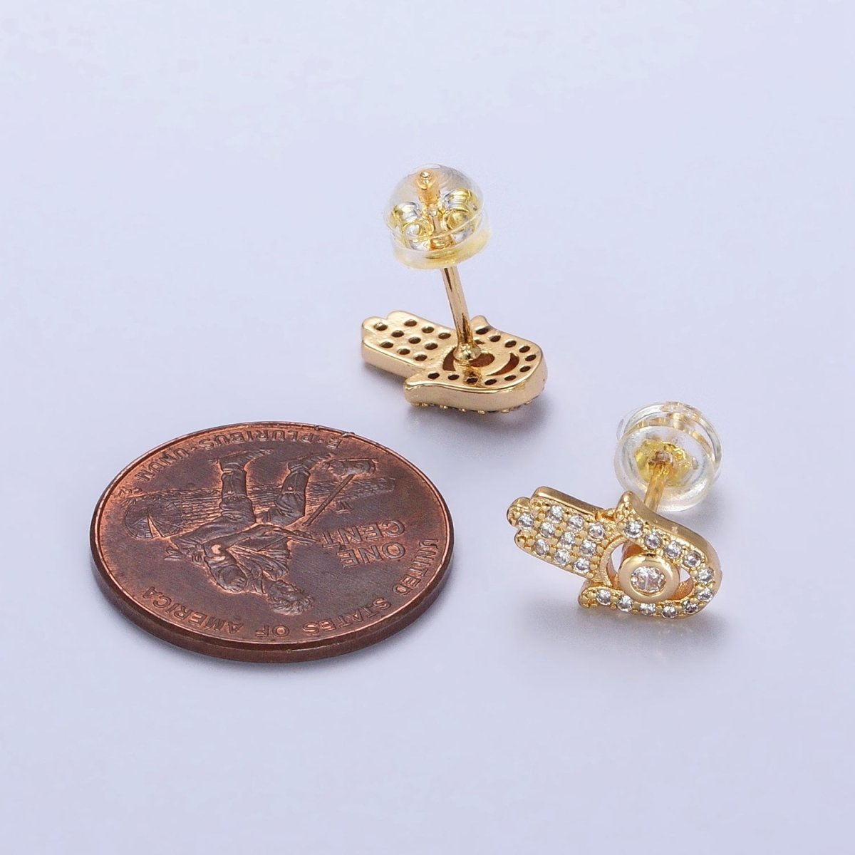 Clear Micro Pave CZ Hamsa Hand Evil Eye Mini Stud Earrings in Gold & Silver
