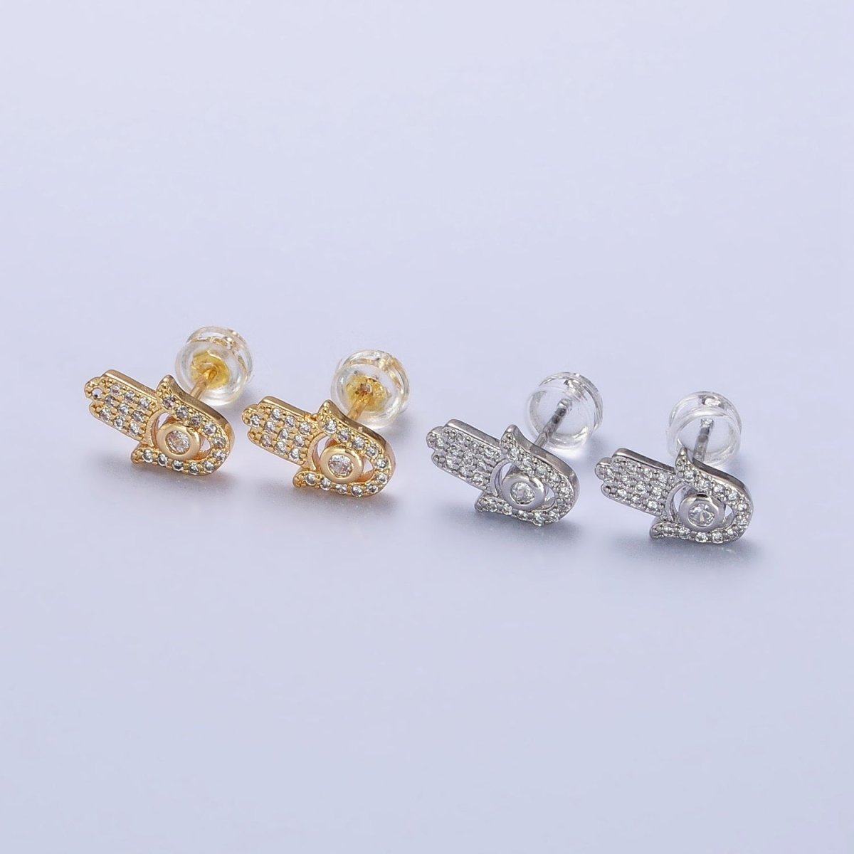 Clear Micro Pave CZ Hamsa Hand Evil Eye Mini Stud Earrings in Gold & Silver