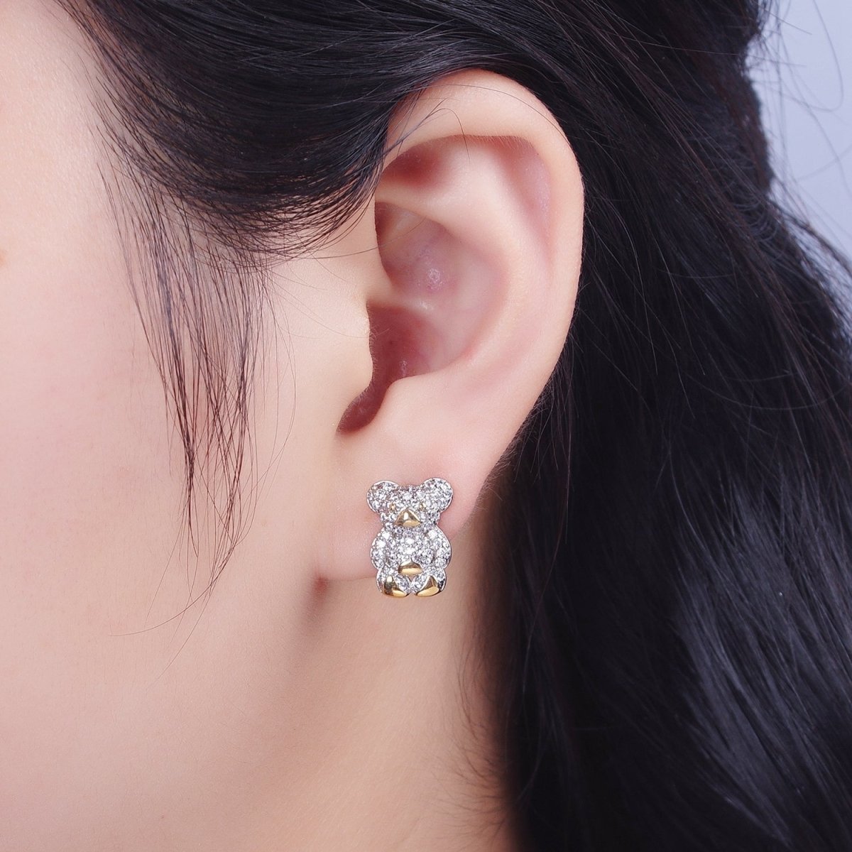 Clear Micro Pave Gold Teddy Bear Stud Earrings for Her