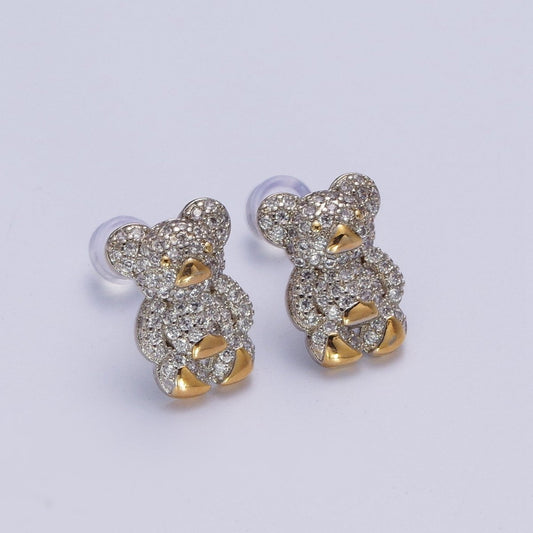 Clear Micro Pave Gold Teddy Bear Stud Earrings for Her