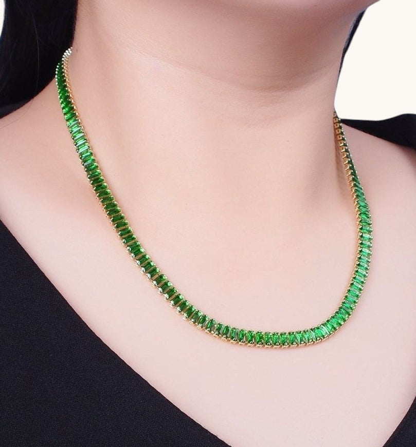 Gorgeous Color Tennis Baguette Necklace 24k Gold Filled CZ Chain Necklace Layer Colorful