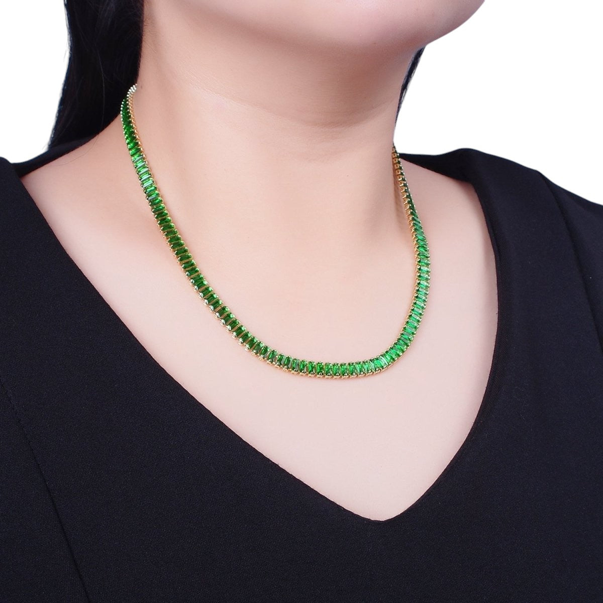 Gorgeous Color Tennis Baguette Necklace 24k Gold Filled CZ Chain Necklace Layer Colorful