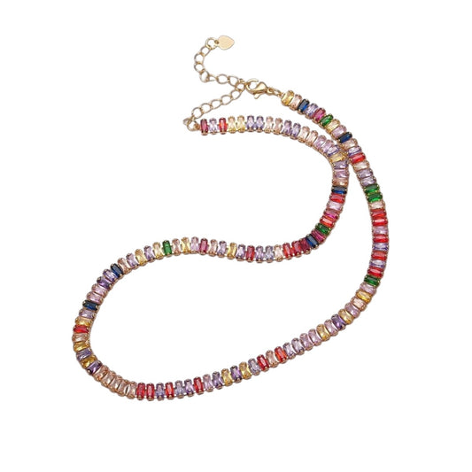 Gorgeous Color Tennis Baguette Necklace 24k Gold Filled CZ Chain Necklace Layer Colorful