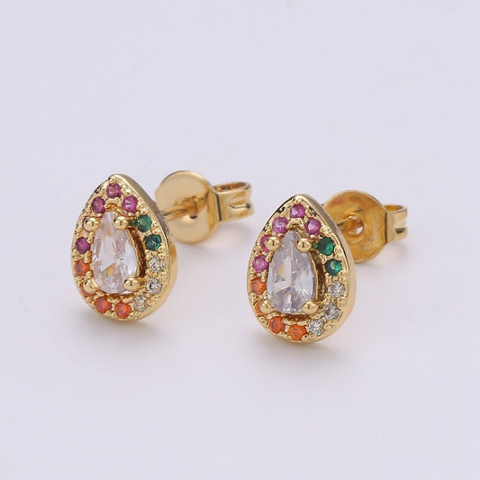 Colorful Gold Tiny Stud Earrings - Rainbow Micro Pave Studs - Dainty CZ Studs 10mm Teardrop
