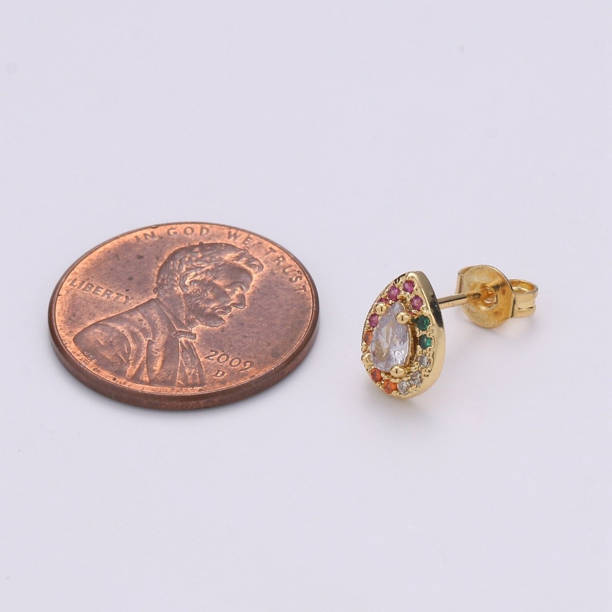 Colorful Gold Tiny Stud Earrings - Rainbow Micro Pave Studs - Dainty CZ Studs 10mm Teardrop