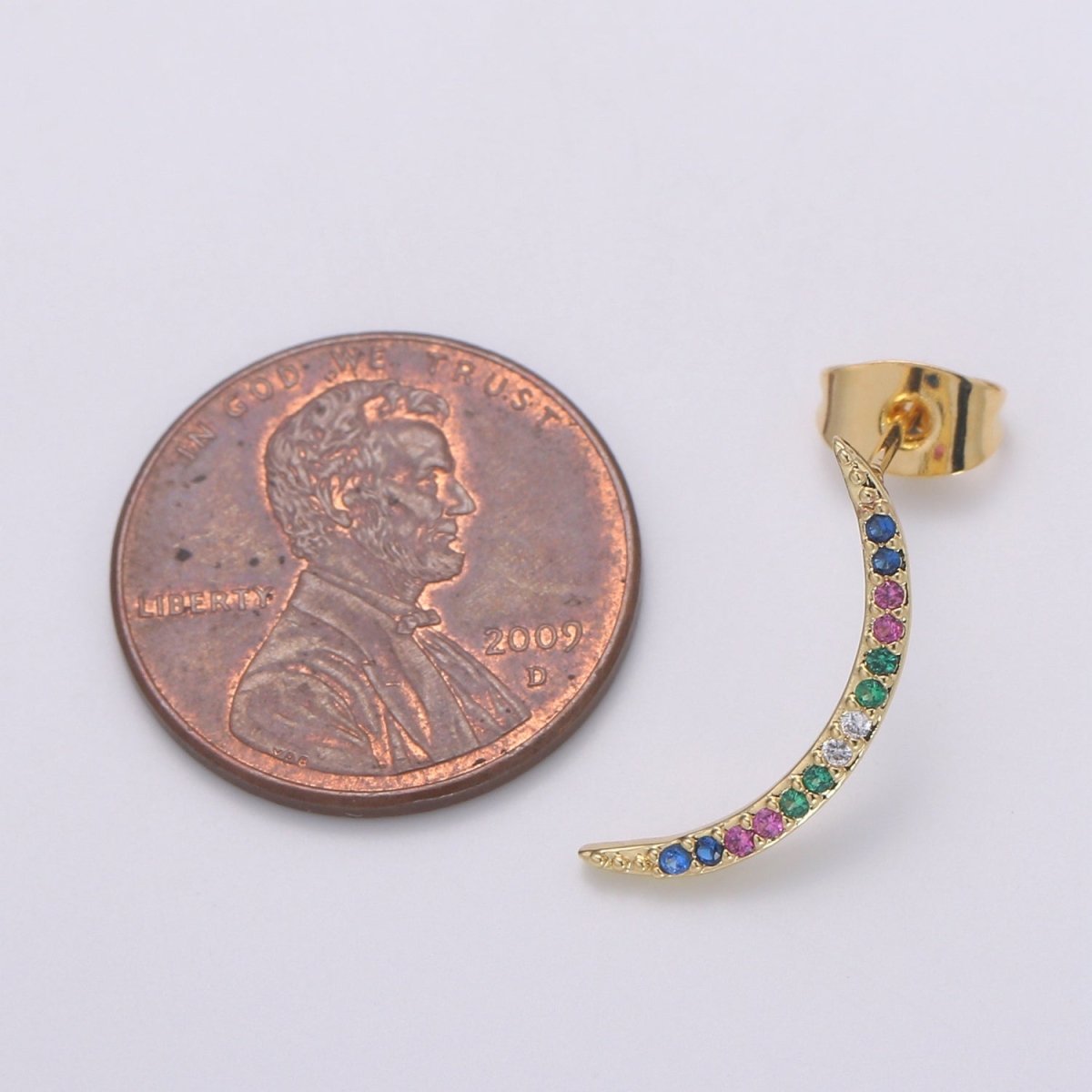 Cresent Moon Design 24K Gold Multi Color Pave CZ Stud Earring, Simplicity Metro Design Earrings