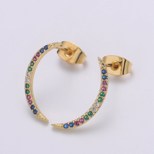 Cresent Moon Design 24K Gold Multi Color Pave CZ Stud Earring, Simplicity Metro Design Earrings