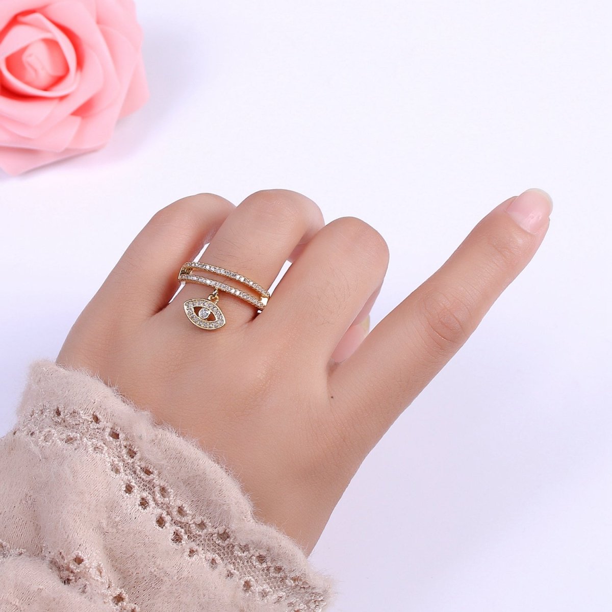 Cute CZ Gold Evil Eye Protection Ring - Stackable Eye Ring - CZ Ring - Dangle Charm Eye Ring - Dainty Stackable Rings - Adjustable Open Ring